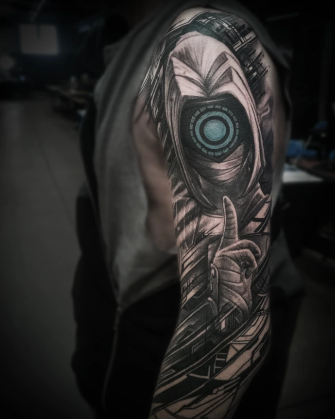 Realistic cyberpunk sleeve tattoo with biomechanical details and OSL (Object Source Lighting) blue effect in the eye.