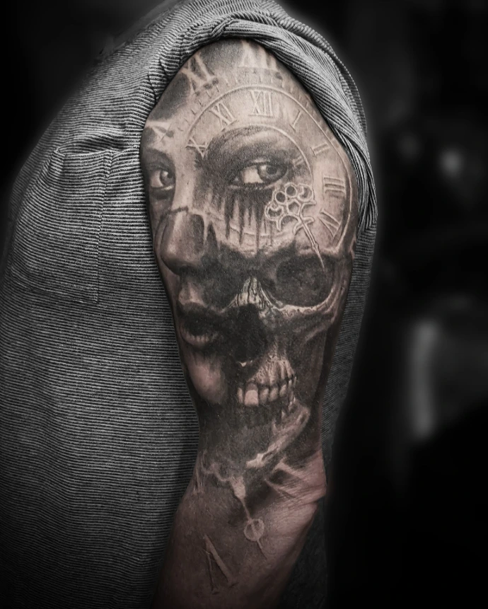 Dark surrealism tattoo of a skull and time piece, representing mortality and the passing of time.