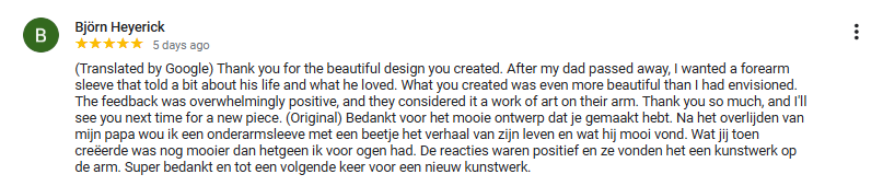 "A work of art on the arm." Björn shares how Gennaro translated a personal life story into a unique and beautiful forearm sleeve design.
