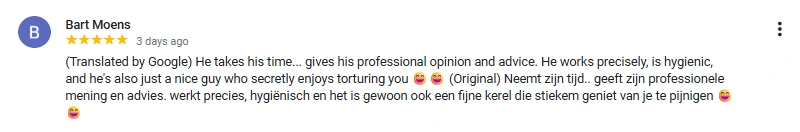 "Works precisely, hygienic, and gives professional advice." Bart Moens shares his experience with Gennaro's meticulous approach and expert guidance.