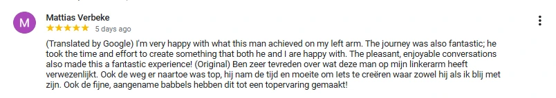 "A fantastic experience." Mattias enjoyed the time, effort, and enjoyable conversations during the collaborative creation of his tattoo with Gennaro.